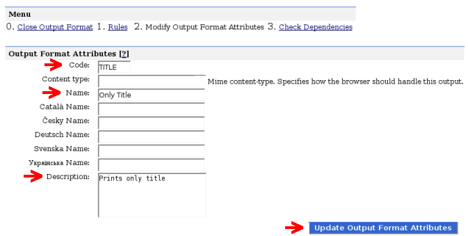 Screenshot of the Update Output Format Attributes page